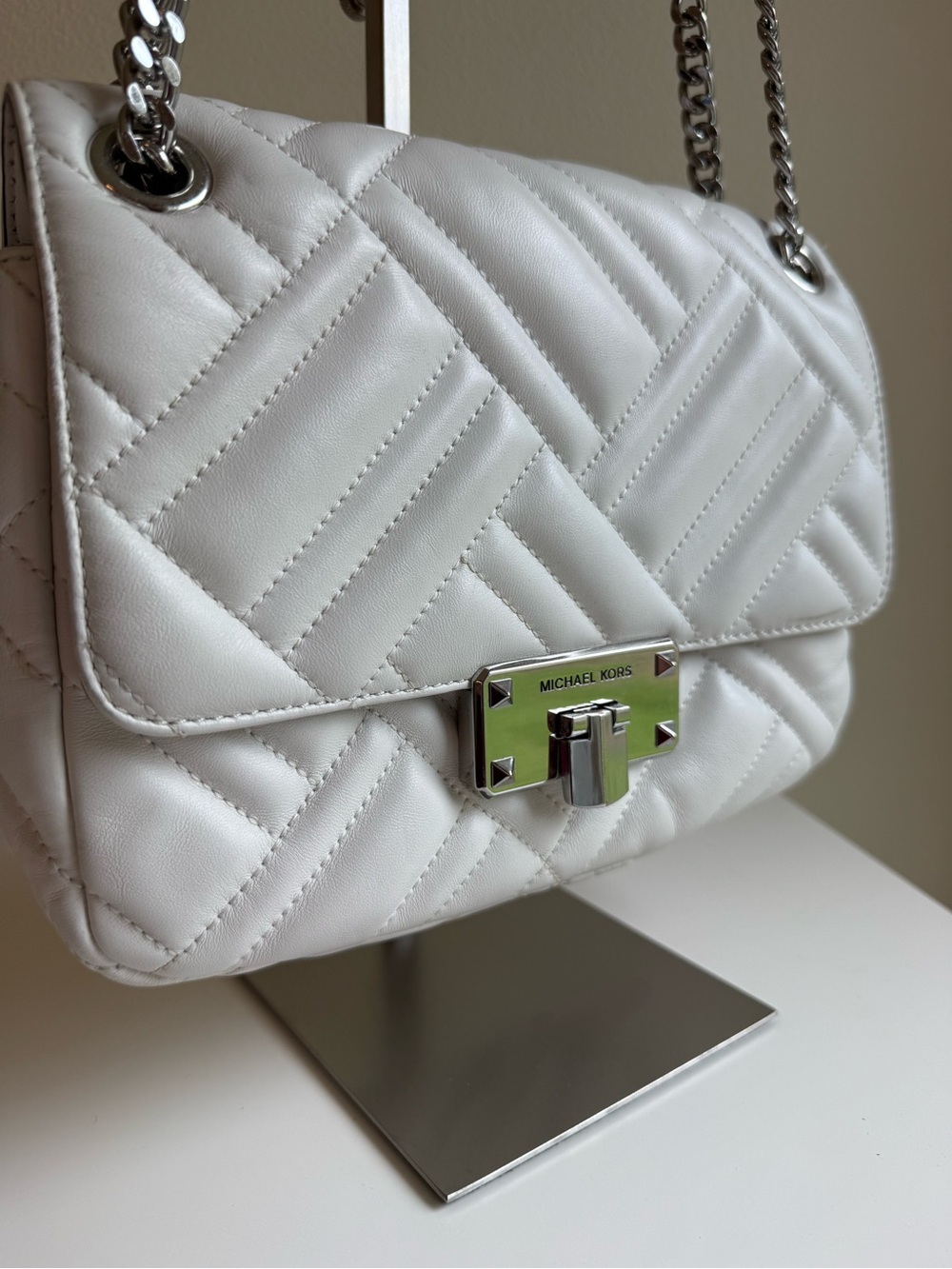 Michael Kors White Quilted Leather Shoulder Bag with Silver Chain
